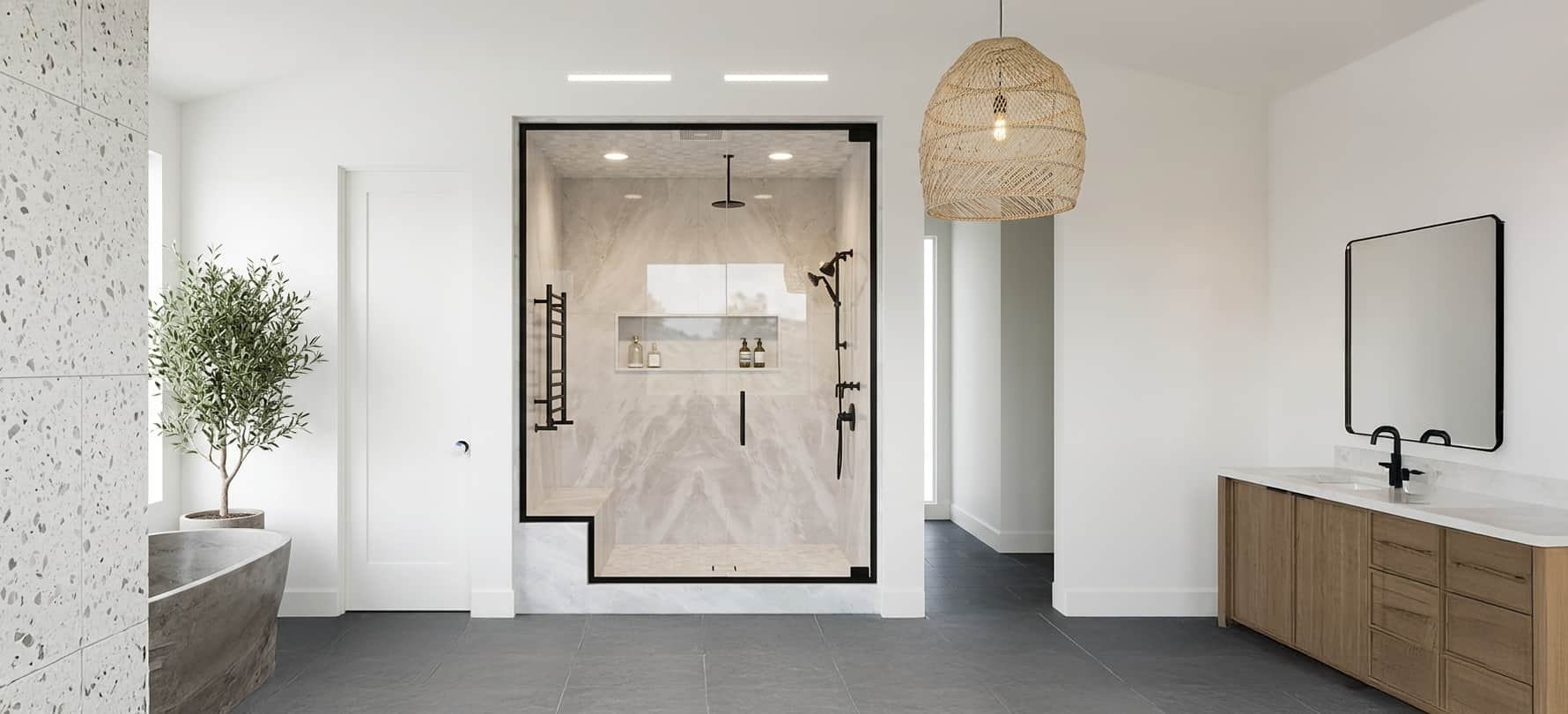 Luxurious shower with marble walls, a black rain showerhead, a towel warmer, and a boho pendant light in the bathroom.